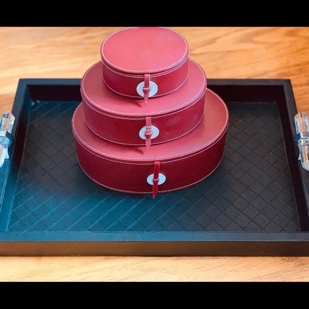 Swing Set of 3 Red Leather Oval Boxes
